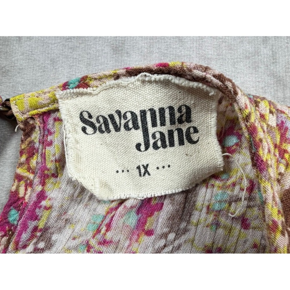 Savanna Jane Womens 1X Rayon Blouse Brown Geometric Embroidered Boho Peasant - Picture 3 of 8